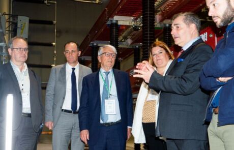 Inauguration of our High Power Source platform by (from left to right) Mr Benoit Rochas, Deputy Prefect of South Rhône, Mr Michel Augonnet, President of SuperGrid Institute and Ms Stéphanie Pernod, 1st Vice-President of the Auvergne-Rhône-Alpes Region.